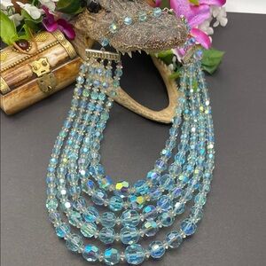 Blue AB and white crystal necklace 5 stranded and vintage C22